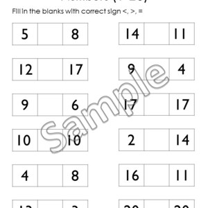 Pu&ograve; includere: Un foglio di lavoro in bianco e nero intitolato "Numbers (1-20)" con problemi di matematica da completare utilizzando i simboli <, >, e =. Il foglio di lavoro include numeri da 1 a 20. L'URL del negozio Etsy &egrave; in basso.