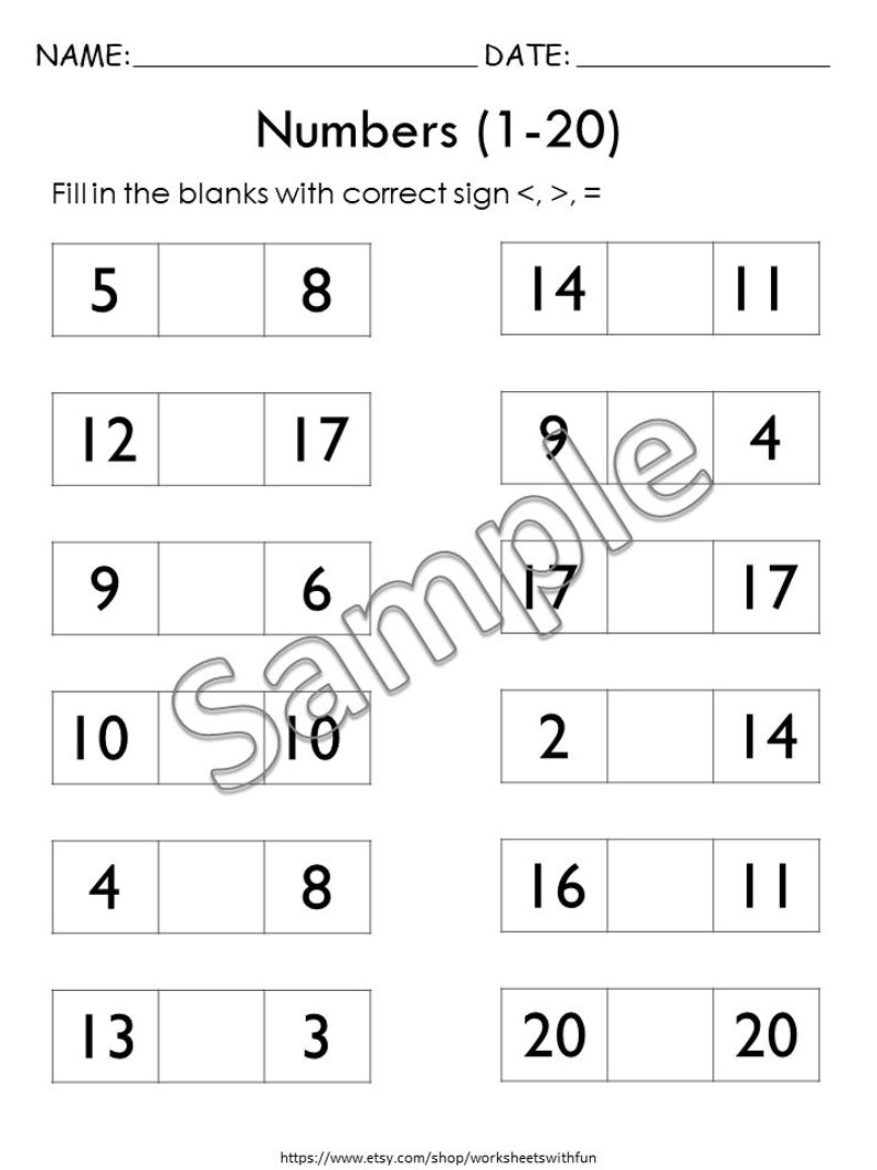 Pu&ograve; includere: Un foglio di lavoro in bianco e nero intitolato "Numbers (1-20)" con problemi di matematica da completare utilizzando i simboli <, >, e =. Il foglio di lavoro include numeri da 1 a 20. L'URL del negozio Etsy &egrave; in basso.