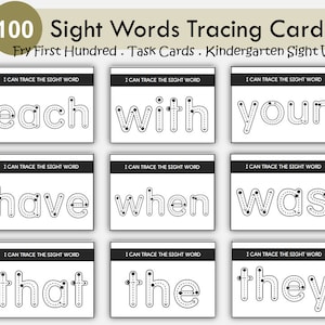 Tarjetas imprimibles para trazar palabras visuales de Fry First 100 / Práctica de escritura a mano / Preescolar, jardín de infantes y educación en casa / Descarga instantánea en PDF