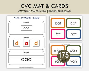 Tapete de palabras CVC imprimible / Actividad de lectura, construcción y escritura de palabras CVC / Tarjetas didácticas de fonética / Centro de alfabetización de jardín de infantes / Práctica de palabras CVC
