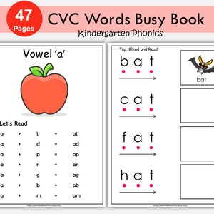 Hojas de trabajo imprimibles de palabras CVC, aprender a leer, fonética, objetos CVC, Montessori, currículo de jardín de infantes, actividades para niños pequeños, vocales cortas