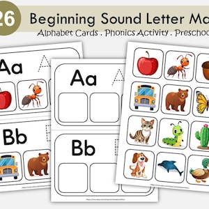 Juego de emparejamiento de letras con sonidos iniciales / Actividad fonética del alfabeto / Leer y trazar letras / Centro de alfabetización preescolar / Emparejamiento de sonidos del alfabeto