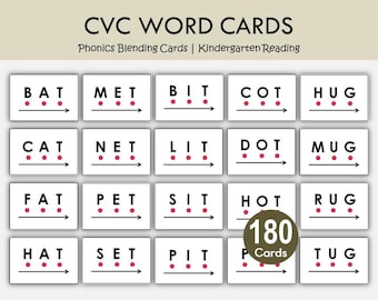 180 CVC Word Flashcards Printable | Phonics Blending Cards | Uppercase Dot & Arrow Reading Direction | Kindergarten Preschool Early Literacy
