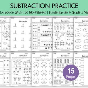 15 druckbare Arbeitsblätter zum Subtrahieren für Kinder | Einstellige Mathematik üben innerhalb von 10 | Kindergarten & 1.Klasse Aktivitäten