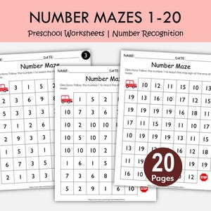 Number Mazes Worksheets 1–20 Printable | Preschool Number Recognition Maze Activities | Kindergarten Math Worksheets