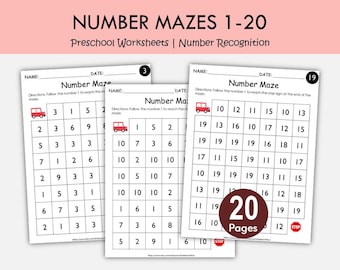 Number Mazes Worksheets 1–20 Printable | Preschool Number Recognition Maze Activities | Kindergarten Math Worksheets