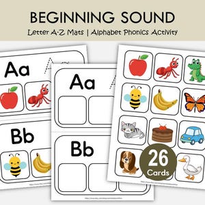 May include: Educational alphabet phonics activity sheets titled BEGINNING SOUND Letter A-Z Mats. The set includes printable pages with letters Aa and Bb, alongside a collection of 26 cards featuring colorful illustrations of animals, food, and objects.
