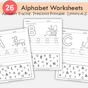 Hojas de trabajo imprimibles para trazar el alfabeto (preescolar y jardín de infantes), libro de trazado del abecedario, actividad del alfabeto, práctica de escritura a mano.