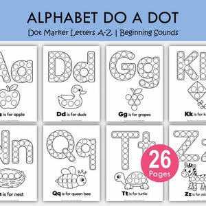 Peut inclure: Feuilles d'activités Alphabet Do A Dot avec lettres A-Z et cercles pour marqueurs à points. Chaque page inclut une lettre majuscule et minuscule, une illustration correspondante et du texte comme Aa is for apple, Dd is for duck et Gg is for grapes.