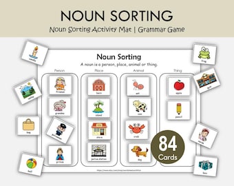 Noun Sorting Activity Mat Printable | Person Place Animal Thing | Grammar Centers for Preschool Kindergarten