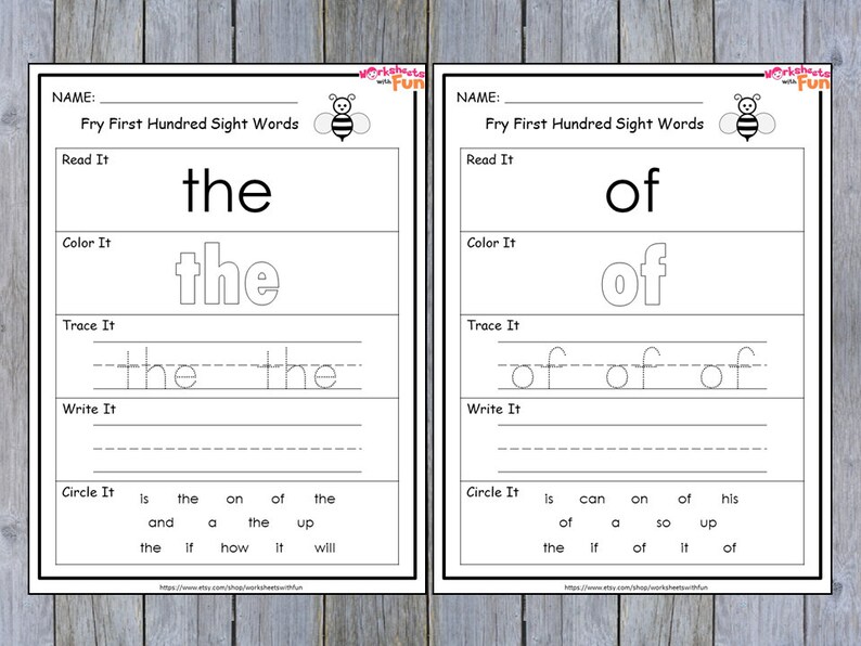 100 Printable Fry First Hundred Sight Words Worksheets for - Etsy