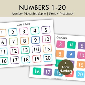 Zahlen-Zuordnungsspiel 1-20 (druckbar), Vorschul-Mathe-Aktivität, Zahlenerkennung im Kindergarten, Zählspiel, Montessori-Mathematik, Homeschooling
