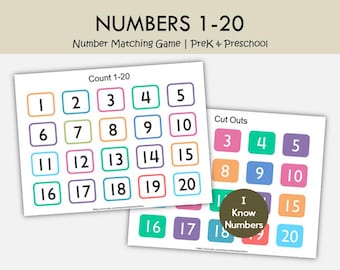 Juego de emparejar números del 1 al 20 para imprimir, actividad matemática para preescolar, reconocimiento de números para jardín de infantes, juego de conteo, matemáticas Montessori, educación en el hogar.