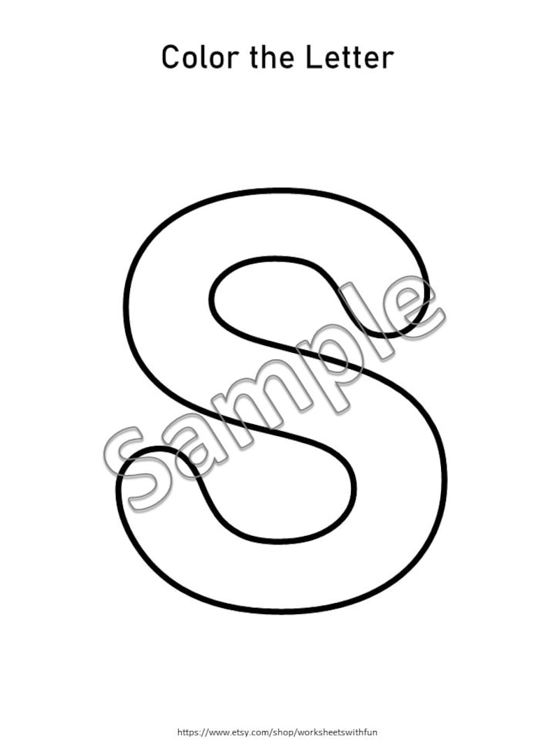 May include: Black and white printable coloring page featuring the letter S.  Color the Letter.