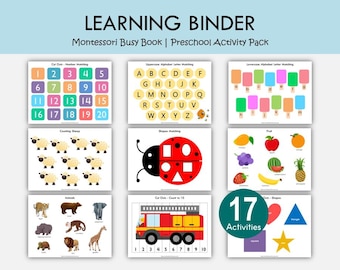 Toddler Learning Binder Printable, Preschool Activity Pack PDF, Montessori Busy Book, Alphabet Numbers Colors Shapes Worksheets
