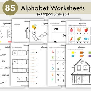 Paquete imprimible de hojas de trabajo del alfabeto preescolar / Actividades fonéticas de reconocimiento de letras y rastreo del ABC para preescolar, jardín de infantes y aprendizaje de niños pequeños