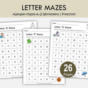 Uppercase Letter Maze Worksheets, A–Z Printable Alphabet Mazes, Preschool Kindergarten, Letter Recognition Activity