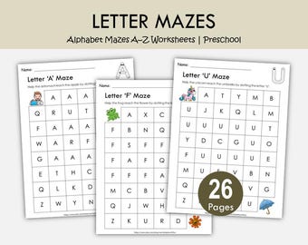 Uppercase Letter Maze Worksheets, A–Z Printable Alphabet Mazes, Preschool Kindergarten, Letter Recognition Activity