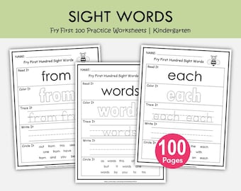 Fry First 100 Sight Words Worksheets, Kindergarten Sight Word Practice, Read Trace Write Color Activities, High Frequency Words Printable