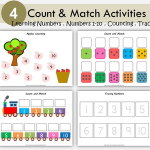 Numbers Counting Worksheets, Numbers 1-10, Number Busy Book Pages, Learning Activities for Toddlers, Matching Game, Homeschool, PDF Download