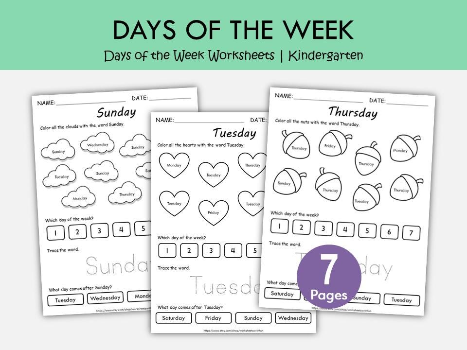 Days Of The Week Preschool And Kindergarten Math Worksheets Biglearners