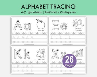 Hojas de trabajo para trazar el alfabeto (A-Z) imprimibles, práctica de letras mayúsculas y minúsculas, escritura a mano para preescolar y jardín de infantes, páginas para colorear del abecedario.
