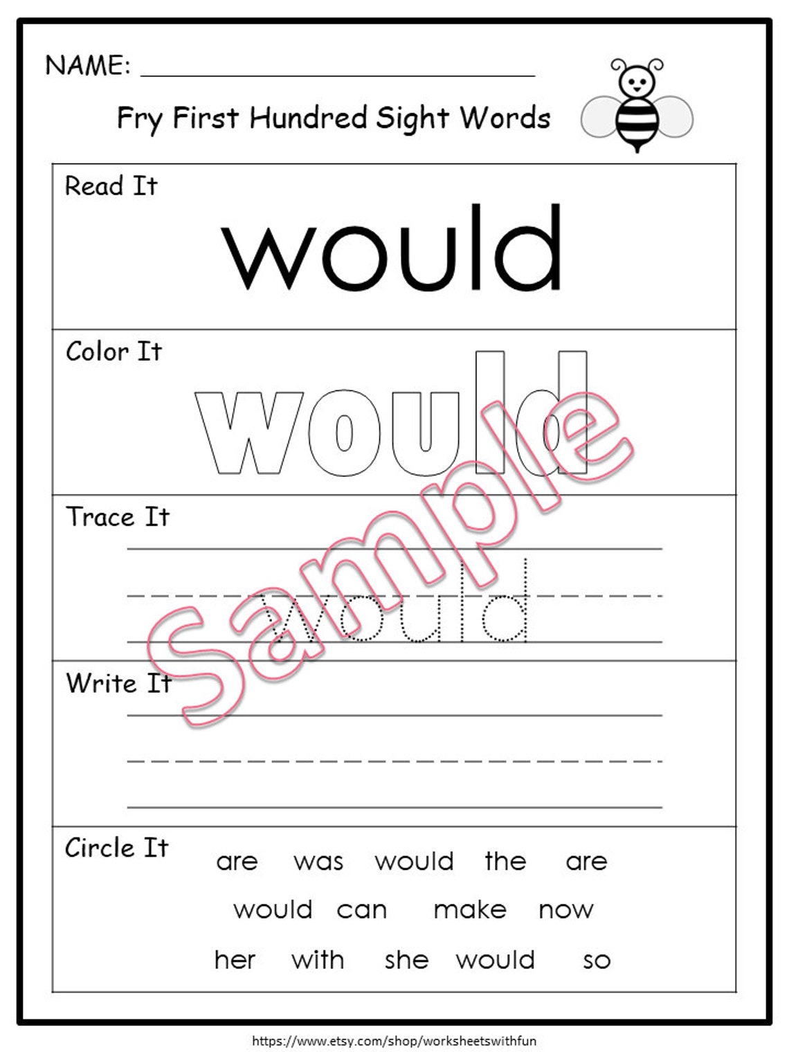 100 Printable Fry First Hundred Sight Words Worksheets for - Etsy