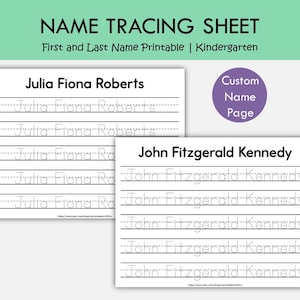 Puede incluir: Dos hojas blancas para caligrafía de nombres con texto en negro. Cada hoja muestra un nombre completo en la parte superior y cinco líneas de texto con puntos para practicar. El banner superior dice NAME TRACING SHEET First and Last Name Printable | Kindergarten.