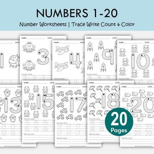20 Number Tracing Worksheets, Preschool Handwriting Practice Printable, Kids Traceable Numbers 1-20