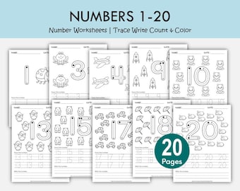 20 Arbeitsblätter zur Nachverfolgung von Zahlen, Vorschul-Handschriftübungen zum Ausdrucken, für Kinder von 1-20