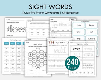 Dolch Pre Primer Sight Word Worksheets, Kindergarten Sight Words, Reading Activities, Sight Word Printables, Flashcards & Word List