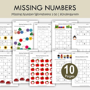 Arbeitsblätter für fehlende Zahlen 1-50, Kindergarten Mathe Printables, Füllen Sie fehlende Zahlen ein, Vorschul-Zählaktivitäten, Heimschul-Arbeitsblätter