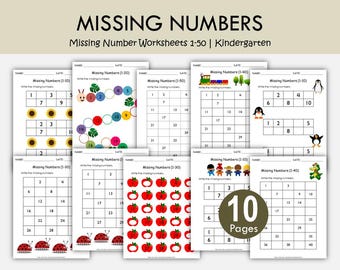 Folhas de exercícios de matemática para jardim de infância com números faltantes de 1 a 50, atividades de contagem para pré-escola (download em PDF)