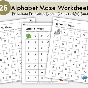 Hojas de trabajo de laberinto de letras del alfabeto A-Z / Reconocimiento de letras para preescolar / Actividad de motricidad fina imprimible / Aprendizaje de jardín de infantes en PDF / Educación en casa
