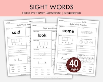 Dolch Pre Primer Sight Words Worksheets Printable, Kindergarten Sight Word Practice, Preschool Reading, High Frequency Words Activities