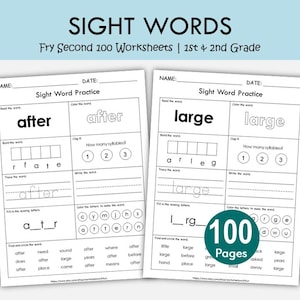 Fry Second 100 Sichtwort-Arbeitsblätter zum Ausdrucken, Hochfrequenzwörter üben, Lesespur aufbauen Farbaktivitäten, Kindergarten 1.2