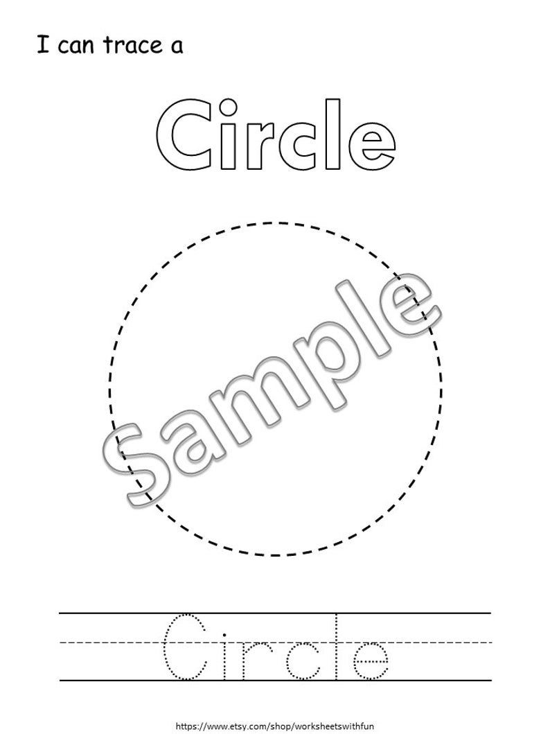 May include: A black and white printable worksheet for kids to practice tracing a circle. The worksheet includes the word "Circle" written in large letters at the top and a dashed line circle for tracing. The word "Circle" is also written in a dashed line for tracing at the bottom of the page.