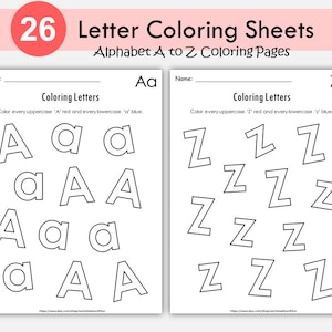 Hojas para colorear del alfabeto / Actividad con letras mayúsculas rojas y minúsculas azules / Imprimible de alfabetización para preescolar y jardín de infantes / Actividad del alfabeto