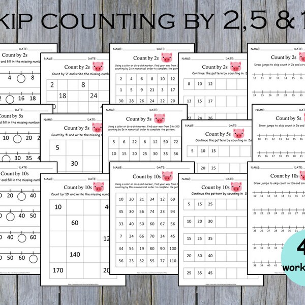 Skip Counting Worksheets, Kindergarten Missing Numbers, Count by 2, 5 and 10 Practice Sheets, Grade 1 Math Workbook, Homeschooling Printable