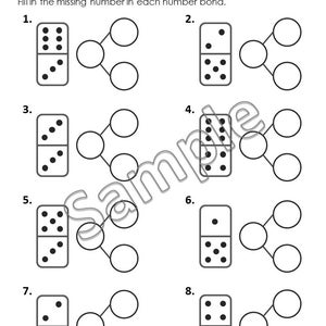 May include: Black and white worksheet titled "Domino Number Bonds." The worksheet features eight domino examples with missing numbers in number bonds. The top of the page has spaces for a name and date.