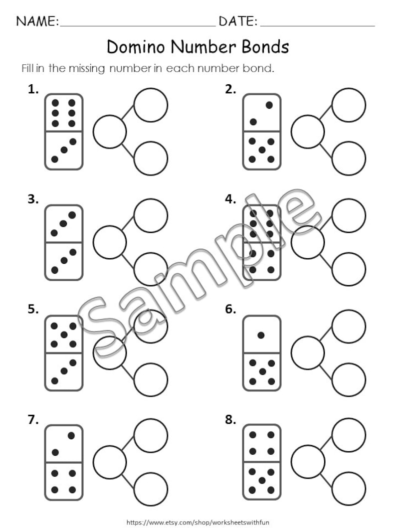 May include: Black and white worksheet titled "Domino Number Bonds." The worksheet features eight domino examples with missing numbers in number bonds. The top of the page has spaces for a name and date.