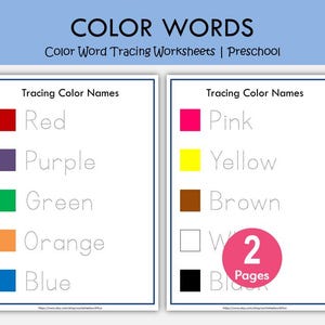 Puede incluir: Dos hojas de trabajo educativas para niños en edad preescolar. Las hojas de trabajo presentan nombres de colores para trazar, incluyendo rojo, morado, verde, naranja y azul en una, y rosa, amarillo, marrón, blanco y negro en la otra. El título dice "COLOR WORDS".