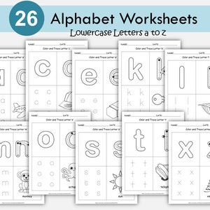 Hojas de trabajo para colorear y trazar el alfabeto, hojas imprimibles de reconocimiento de letras del abecedario, actividades de alfabetización para preescolar y jardín de infantes, práctica de letras