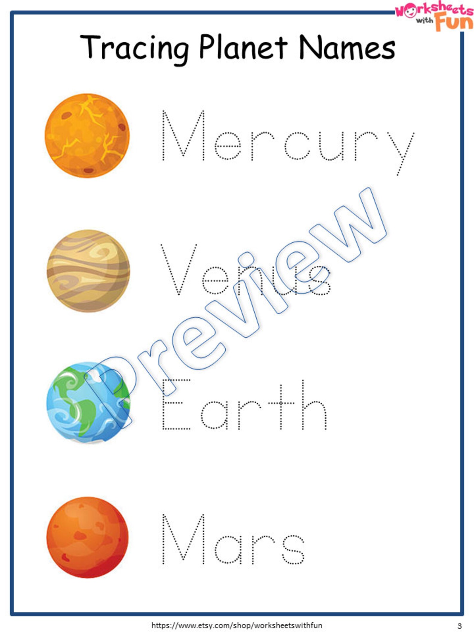Planet Names Tracing Printable Worksheet Learning Planets | Etsy