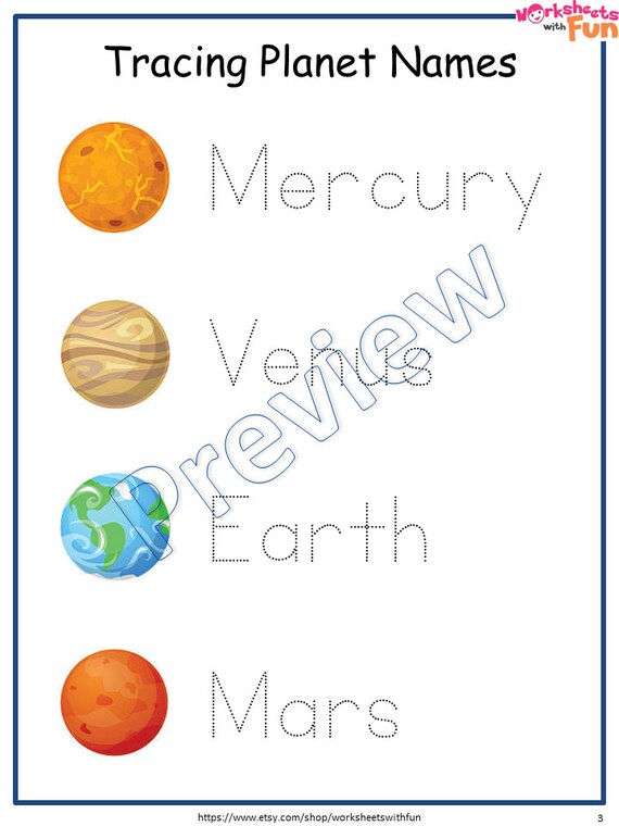 planets name tracing worksheets pdf kindergarten planets word etsy
