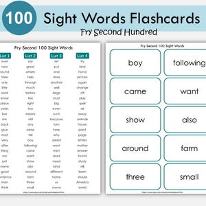 Sight Word Flashcards, Fry Second Hundred Sight Words Printable, Kindergarten, Ist Grade, High Frequency Words Flash Cards, Phonics
