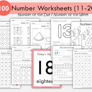 100 Number Worksheets Printable, Kindergarten Math, Numbers 11 to 20, Counting, Instant Download, Prek, Homeschool, Teacher Resources