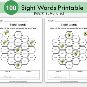Sight Words Worksheets, Kindergarten-1st Grade Handwriting and Spelling Activity, Fry 1st Hundred Sight Words Activities, Learn to Read
