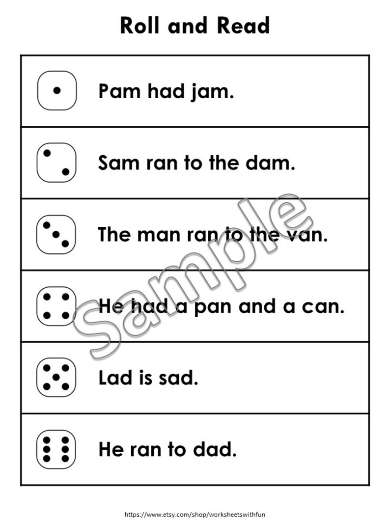 CVC Roll & Read Sentences Printable, Kindergarten Phonics Dice Game ...