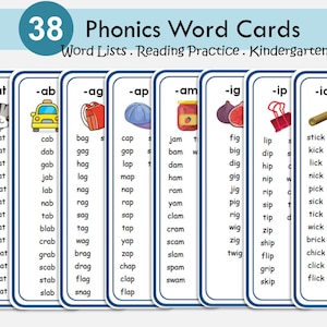Apprendre à lire les mots CVC, cartes phoniques à imprimer, lecture pour la maternelle, listes de familles de mots CVC, phonétique, tout-petits, ressource pour l'école à la maison pour les enfants